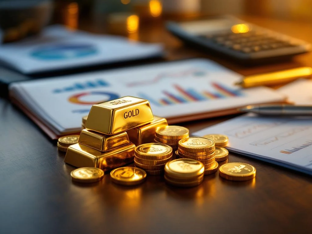 Gouden staven en munten op bureau met open investeringsportfolio met grafieken en financiële documenten