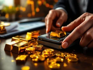 Zakenman weegt goudstaven en munten op precisieweegschaal op donker houten oppervlak met financiële grafieken op achtergrond