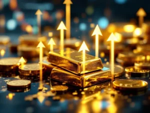 Gouden munten en staven met lichtpijlen die marktfluctuaties tonen tegen financiële grafieken achtergrond