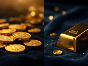 Gouden munten en goudstaven op fluwelen ondergrond met dramatische verlichting voor investeringen