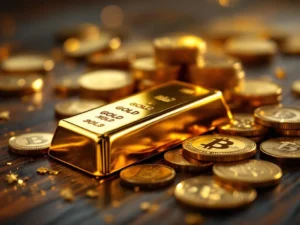 Goudstaven en munten op donkere houten ondergrond met warme verlichting en dramatische schaduwen