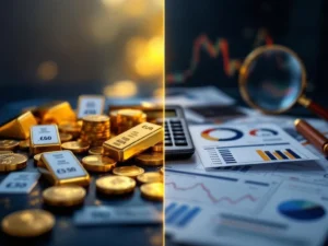 Goudstaven en munten met europrijzen naast rekenmachine en vergelijkingsgrafieken op donkerblauwe achtergrond