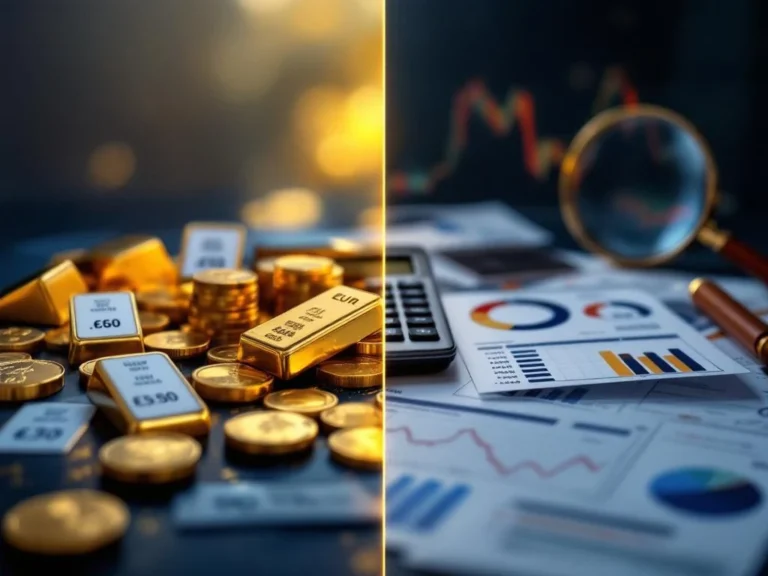 Goudstaven en munten met europrijzen naast rekenmachine en vergelijkingsgrafieken op donkerblauwe achtergrond