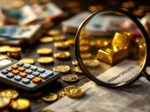 Gouden munten en staven op donker hout met calculator, eurobiljetten en contractdocumenten met vergrootglas