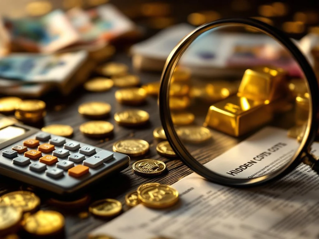 Gouden munten en staven op donker hout met calculator, eurobiljetten en contractdocumenten met vergrootglas