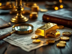 Gouden munten en staven op donkere houten tafel met vergrootglas, weegschaal en certificaten voor goudhandel