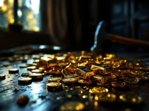 Gouden munten en staven op donkere houten tafel met inbrekerswerktuigen en gebroken glas op de achtergrond