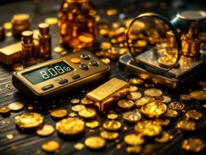 Goudtestmethoden met digitale tester, zuurtest, precisieweegschaal en vergrootglas op donker hout met dramatische verlichting