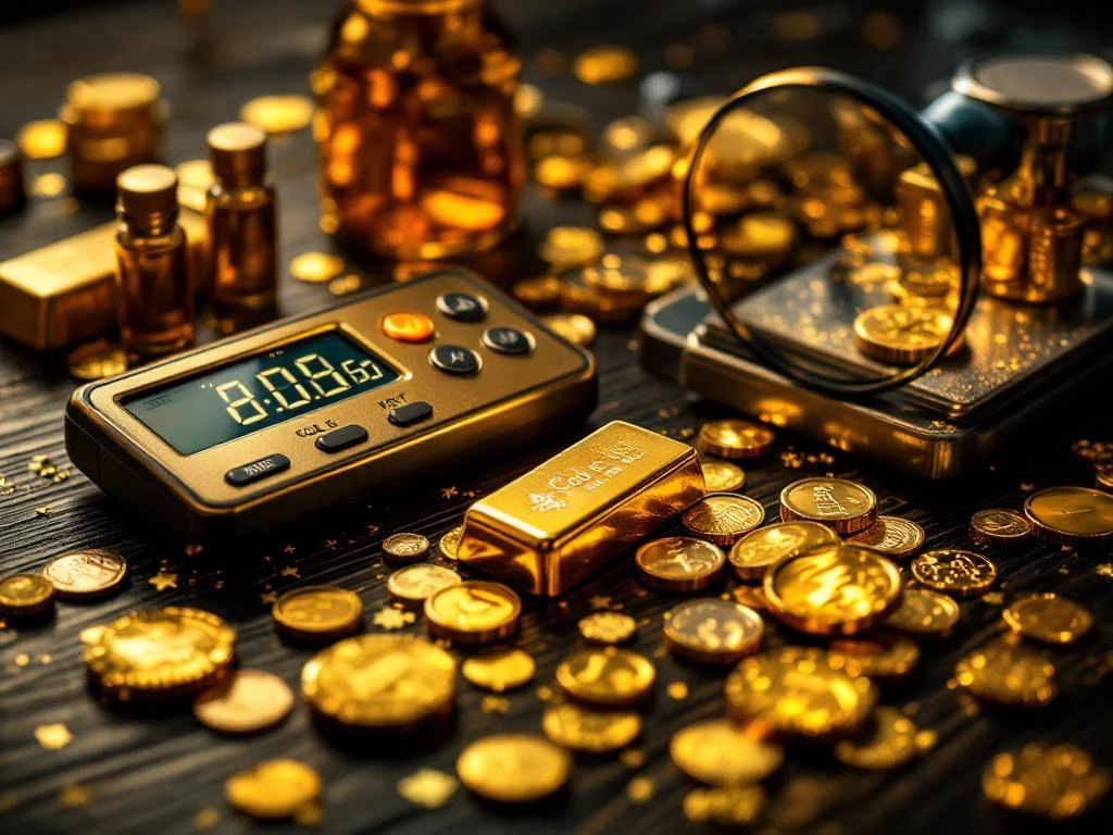 Goudtestmethoden met digitale tester, zuurtest, precisieweegschaal en vergrootglas op donker hout met dramatische verlichting