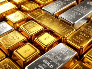 Gouden en zilveren staven in geometrische patronen met dramatische belichting en reflecties voor investeringen