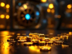 Goudstaven en zilveren munten op donkere houten tafel met kluisdeur op achtergrond, warme gouden belichting