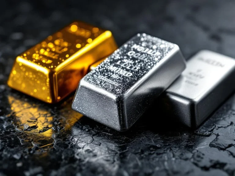 Drie edelmetalen staven - goud, zilver en platina - diagonaal gerangschikt op donker graniet met dramatische belichting.