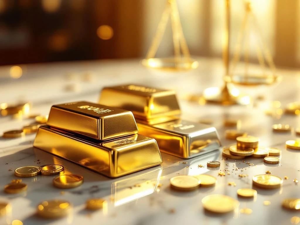 Gouden en zilveren staven op wit marmer met weegschaal op achtergrond, dramatische verlichting benadrukt luxe metalen