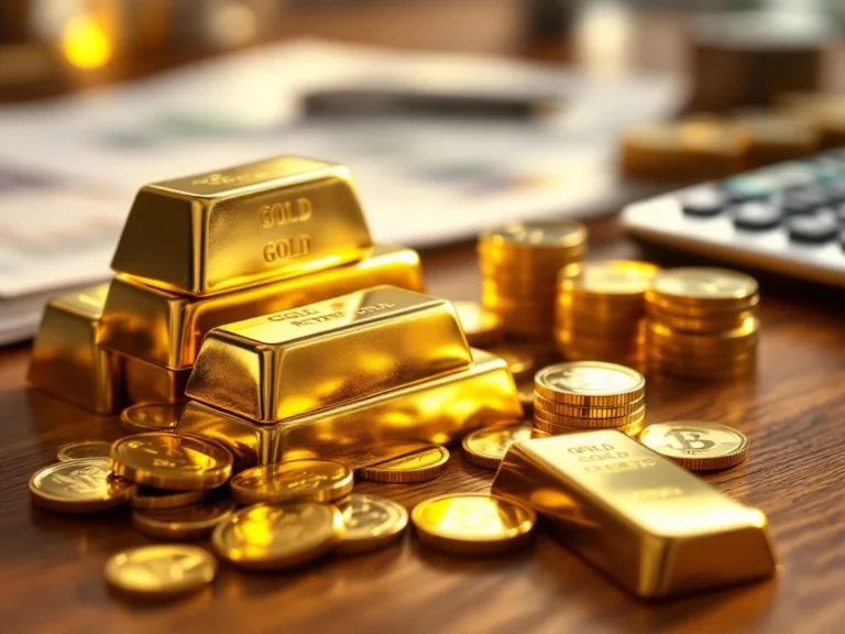 Gouden en zilveren munten en staven op mahonie bureau met financiële documenten voor pensioenplanning op achtergrond