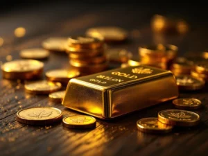 Goudstaaf en goudmunten op donker hout met dramatische belichting voor investeringsdoeleinden