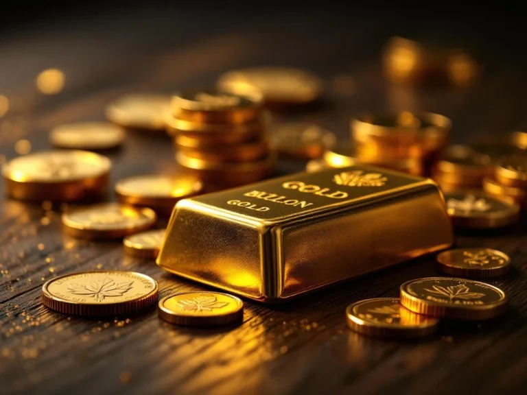 Goudstaaf en goudmunten op donker hout met dramatische belichting voor investeringsdoeleinden