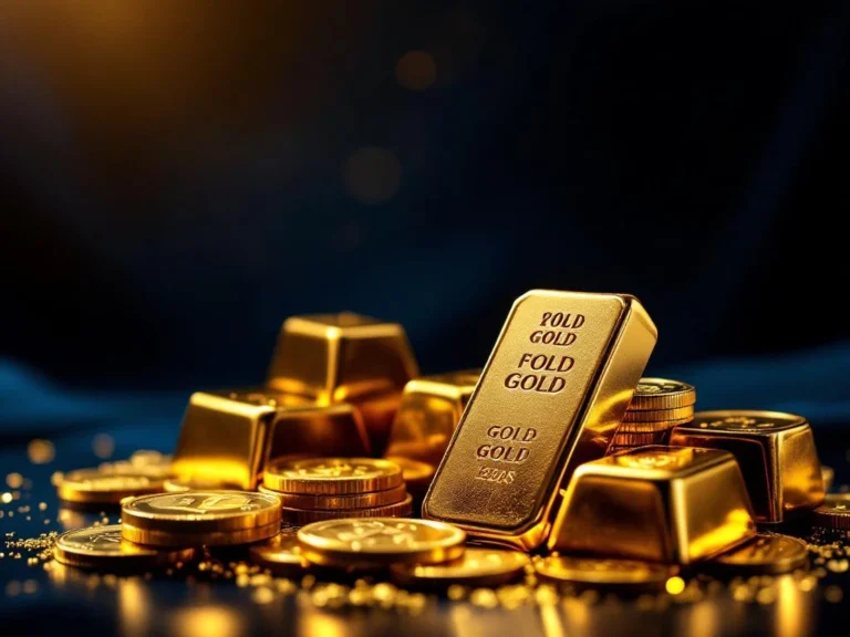 Gouden munten en staven op donkerblauwe achtergrond, symboliserend investeringen en financiële zekerheid