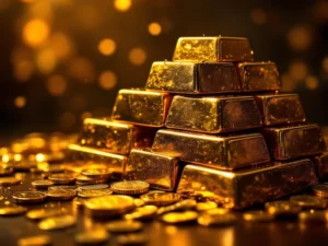 Gouden munten en goudstaven in piramide op houten tafel met warme verlichting voor edelmetaal investeringen