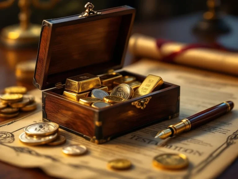 Houten juwelendoos met goudstaven en zilveren munten naast vulpen op testament documenten op mahonie bureau