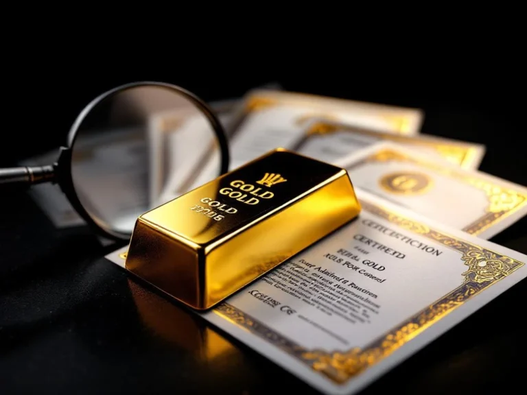 Goudstaaf met certificeringsdocumenten en vergrootglas op donkere ondergrond, dramatische verlichting toont authenticiteit