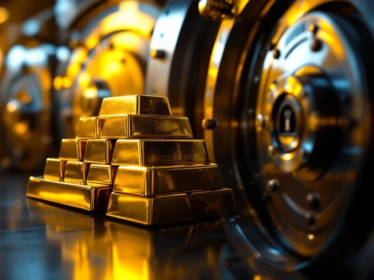 Goudstaven gestapeld in moderne bankkluis met stalen deur en beveiligingssysteem op de achtergrond