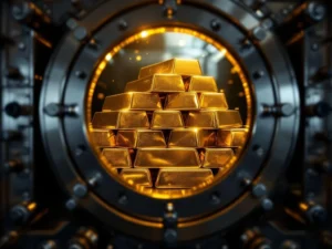 Goudstaven gestapeld in open bankkluis met stalen deur en beveiligingsmechanismen, dramatische verlichting