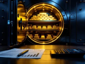 Open bankkluis met gouden baren op planken, calculator en documenten op voorgrond, dramatische verlichting