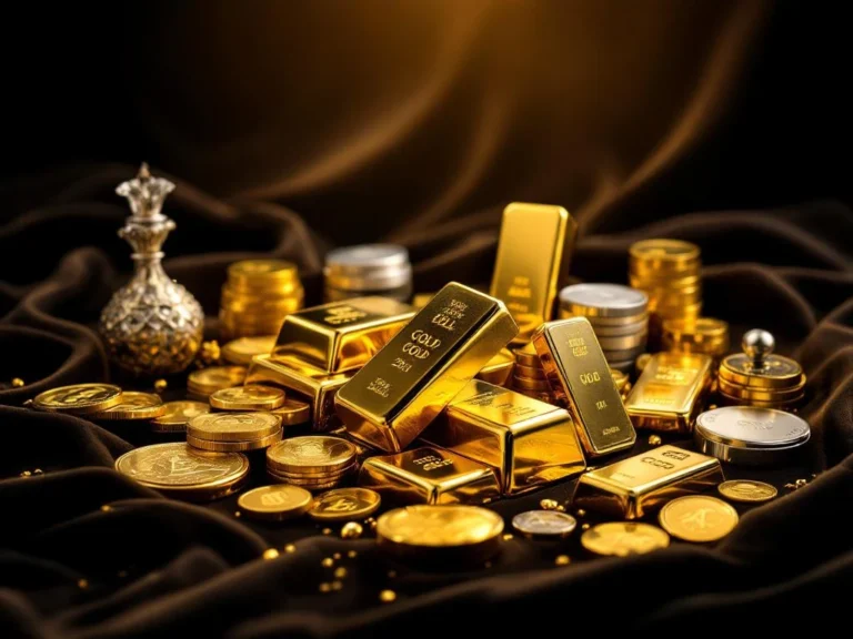 Gouden staven, munten en edelmetalen producten gerangschikt op donkere fluwelen ondergrond met dramatische belichting