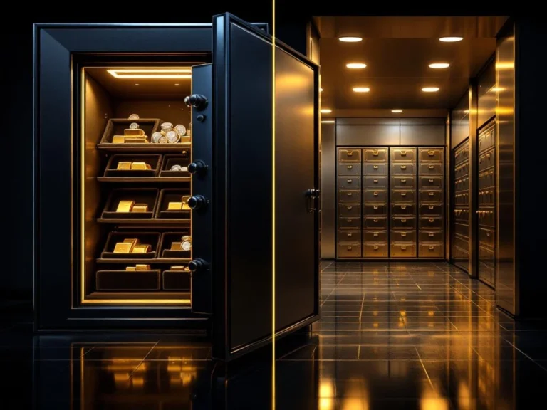 Open kluis met goudstaven en zilveren munten naast bankkluis met kluisjes, warm gouden licht op edelmetalen