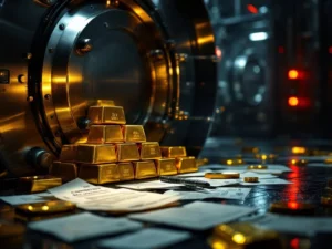 Goudstaven in bankkluis met geopende kluisdeur, juridische documenten en rode waarschuwingslichten op achtergrond