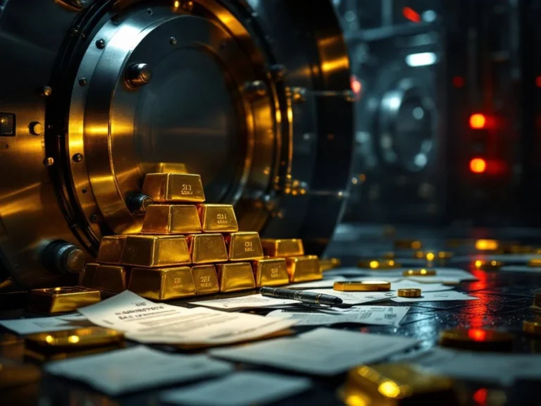 Goudstaven in bankkluis met geopende kluisdeur, juridische documenten en rode waarschuwingslichten op achtergrond