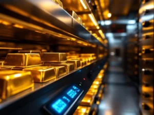 Goudstaven in kluis met digitaal beveiligingspaneel en kluisjes op achtergrond