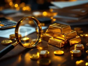 Gouden staven en munten op donkere houten tafel met vergrootglas, weegschaal en documenten voor edelmetaalhandel