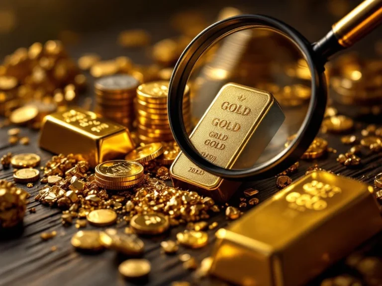 Gouden baren, munten en nuggets op donker hout met vergrootglas, dramatische belichting benadrukt metaaltexturen