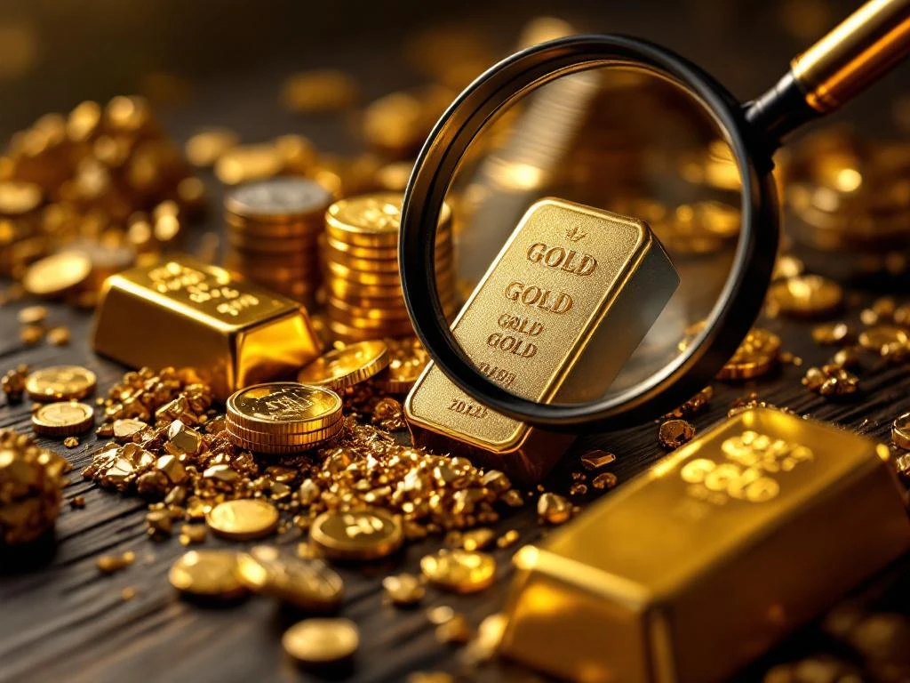 Gouden baren, munten en nuggets op donker hout met vergrootglas, dramatische belichting benadrukt metaaltexturen