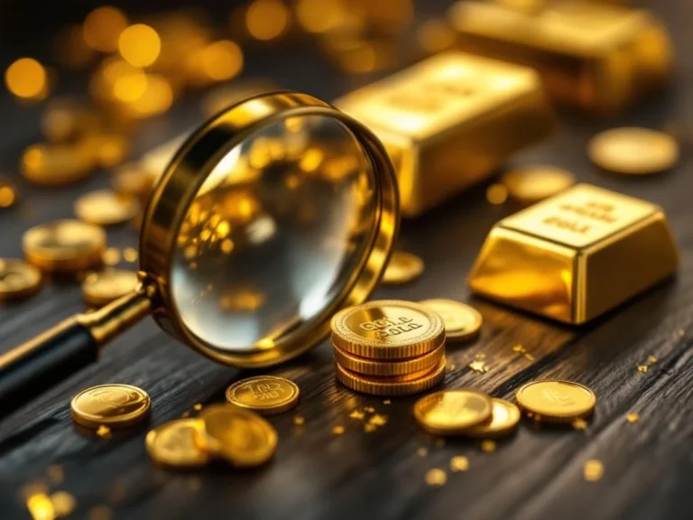 Gouden munten en goudstaven op donker hout met vergrootglas, dramatische belichting creëert luxueuze sfeer
