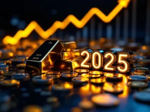 Gouden staven en zilveren munten op donkere ondergrond met stijgende grafiek en 2025 kalender op achtergrond