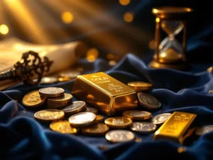 Gouden staven en zilveren munten op fluweel met vintage sleutel, perkament en zandloper in warm licht