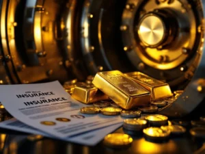 Gouden staven en zilveren munten in open kluis met verzekeringsdocument en moderne beveiligingssystemen