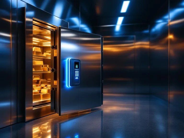 Open kluisdoos met goudstaven en zilveren munten in moderne bankkluis met biometrische scanner en stalen wanden