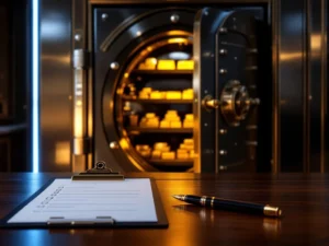 Open bankkluis met goudstaven en zilveren munten, klembord met vragenlijst op mahonie bureau, luxe veiligheidsopslag