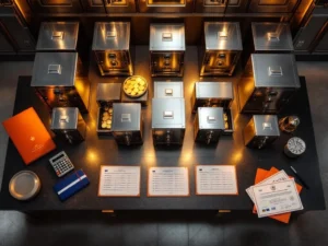 Bovenaanzicht van moderne vergelijkingstabel met veilige kluizen, documentatie en rekenmachine voor edelmetaalopslag