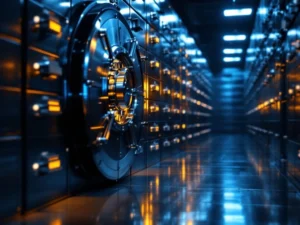 Bankkluis met open compartiment vol zilveren munten en staven, omringd door stalen kluisjes onder blauw licht