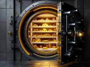 Open bankkluis met goudstaven en munten op witte planken, stalen kluisdeur gedeeltelijk open, luxe interieur