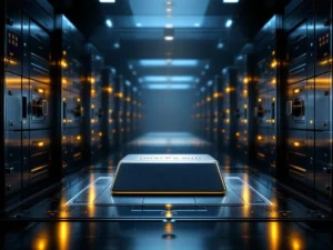 Zilveren edelmetaalstaaf in moderne bankkluis met digitale kluizen en veiligheidsdocumenten