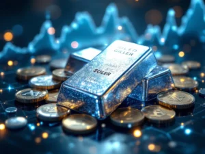 Zilveren munten en staven met beschermende blauwe energiebarrière en opwaartse financiële grafieken op achtergrond