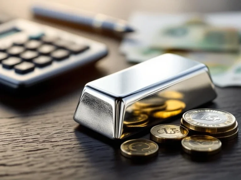 Zilveren staven en munten op donker hout met eurobiljetten, rekenmachine en documenten voor financieel advies