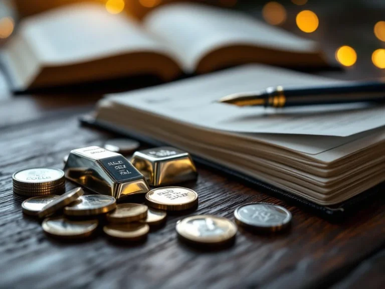 Zilveren munten en staven op donker hout met leren boek en pen voor financiële planning op de achtergrond