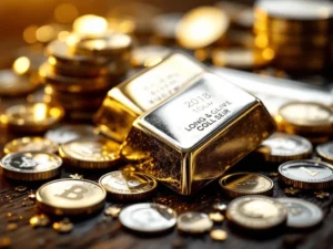 Zilveren munten en staven op donkere houten ondergrond met dramatische gouden verlichting en reflecties