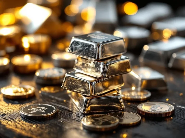 Stapel glanzende zilveren munten en staven op donker hout met dramatische belichting en metallieke reflecties